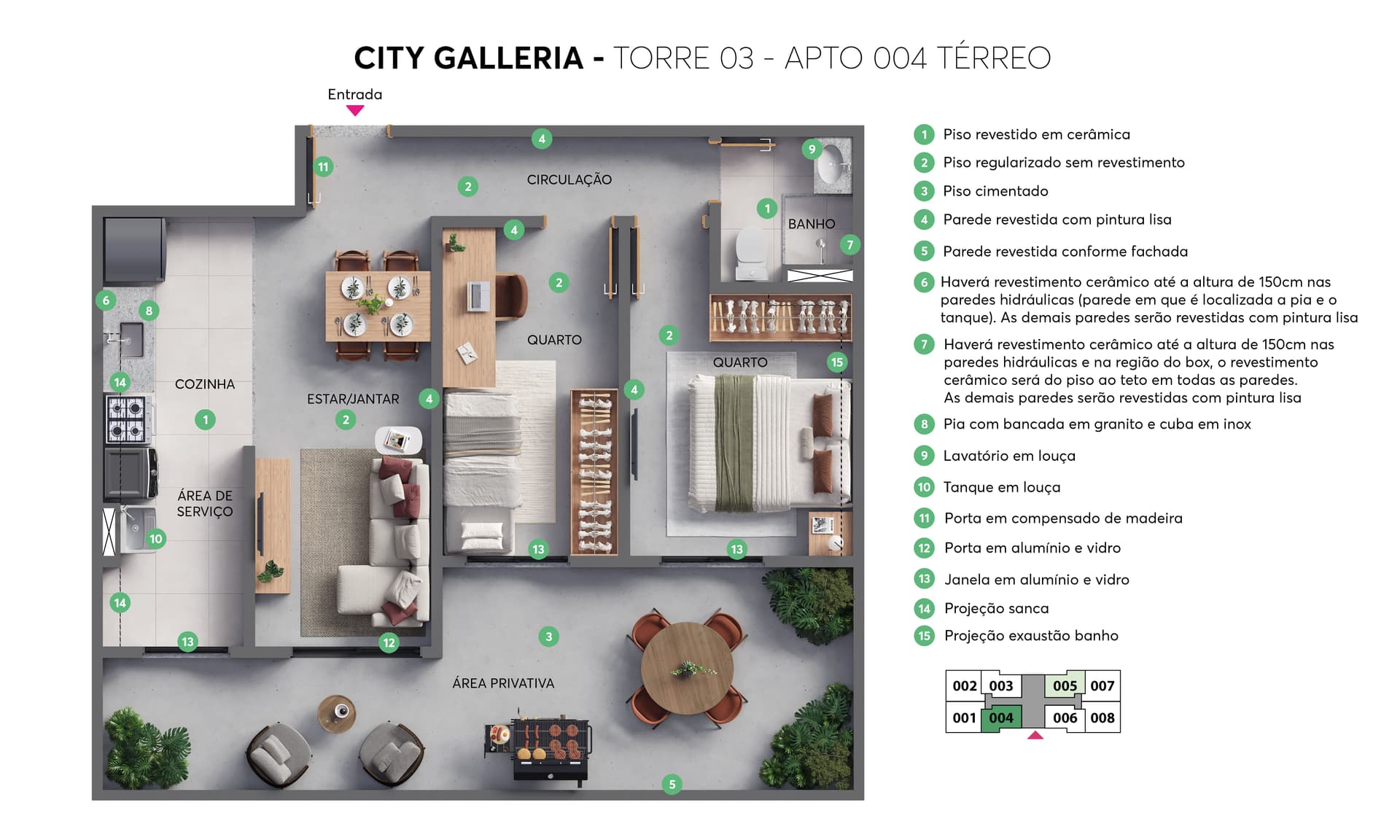 Planta 2 dormitórios sem suíte - 53m²